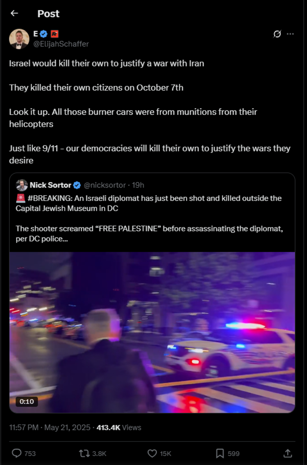 An X post claiming that Israel is responsible for the murder of two Israeli embassy employees in Washington, D.C. to justify war with Iran.