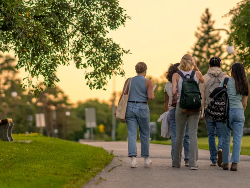 Rearview of university students walking outside on campus